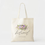 Paarse Greenery Floral Bridesmaid Calligrafie Tote Bag<br><div class="desc">Deze stijlvolle en trendy canvas tas is uitgerust met "bridesmaid" in een modern, geavanceerd, met de hand geschreven, gestileerd script. Acties door bloemen, bladeren en rozen van witte waterverf in schoppen van paars. Pas de naam aan gebruikend het gebied van de sjabloon. Ben zeker om het collectie te bezoeken om...</div>