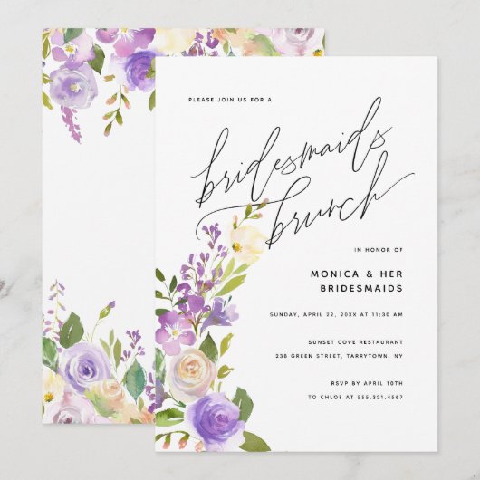 Paarse Greenery Floral Bridesmaids Brunch Kaart (Voorkant / Achterkant)