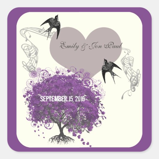 Paarse grenzen gootsteen Heart Leaf Tree Weddensch Vierkante Sticker (Voorkant)