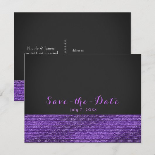 Paarse Grey Modern Glam Sequins Bewaar de Datum Aankondigingskaart (Voorkant / Achterkant)
