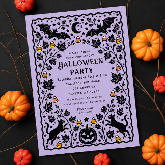 Paarse Griezelfolk Art Vleermuis & Kat Halloweenfe Kaart