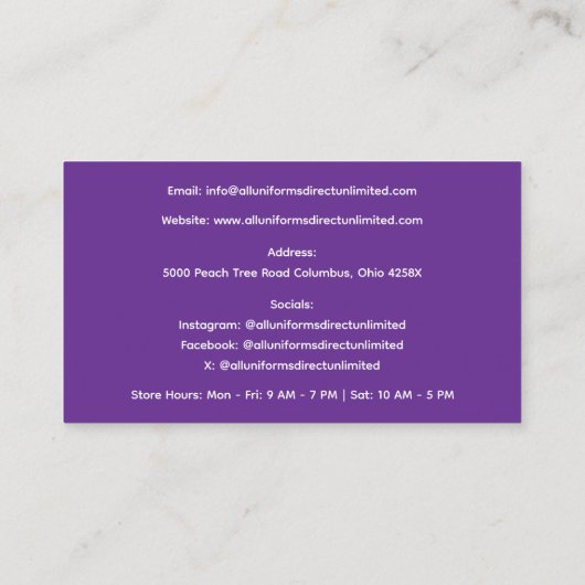 Paarse grijs blauw medische klompen uniform visitekaartje (Achterkant)