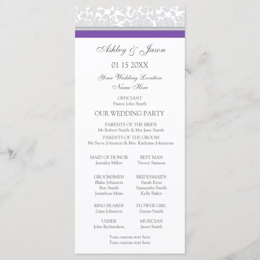 Paarse Grijs Damask Wedding Program Programmakaart (Achterkant)
