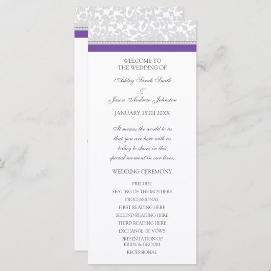 Paarse Grijs Damask Wedding Program Programmakaart (Voorkant / Achterkant)