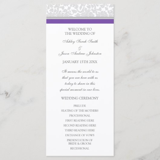 Paarse Grijs Damask Wedding Program Programmakaart (Voorkant)