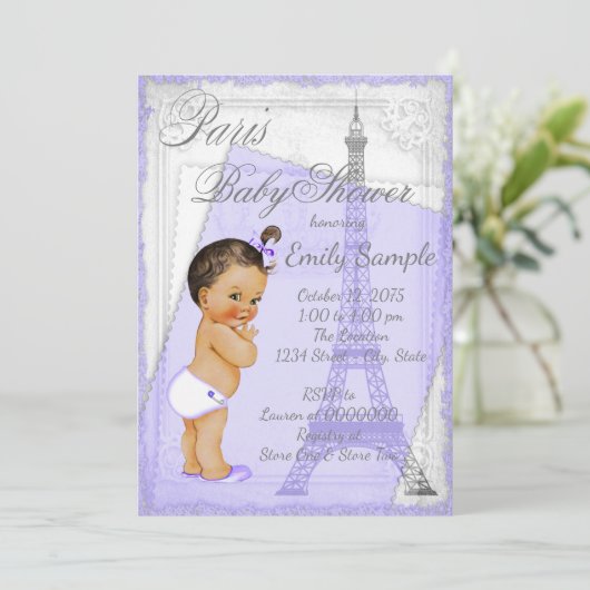 Paarse Grijs  Parijs Baby shower Kaart (Staand voorkant)