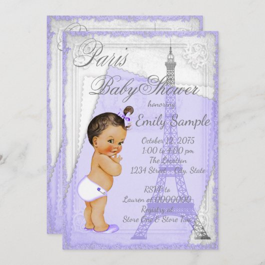 Paarse Grijs  Parijs Baby shower Kaart (Voorkant / Achterkant)