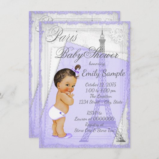 Paarse Grijs  Parijs Baby shower Kaart (Voorkant / Achterkant)