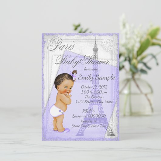 Paarse Grijs  Parijs Baby shower Kaart (Staand voorkant)