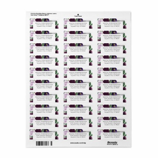 Paarse & Grijs Zilveren Waterverf Pioen Herfst Bru Etiket (Full Sheet)