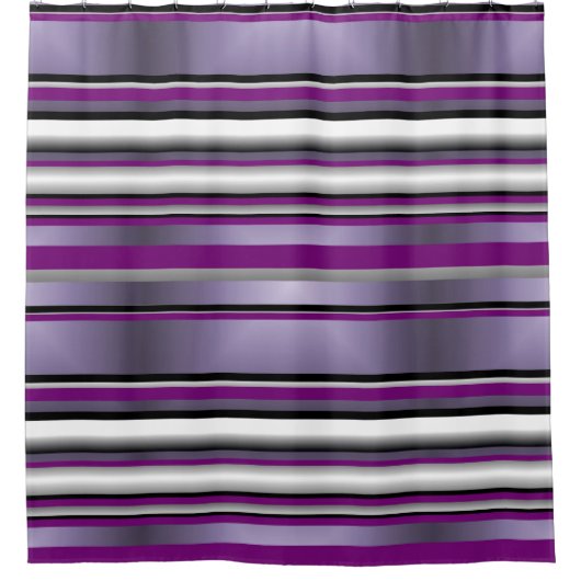 Paarse Grijs Zwart Wit Horizontaal Streeppatroon Douchegordijn (Voorkant)