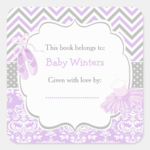 Paarse/Grijze Ballerina Baby shower Bookplate Vierkante Sticker