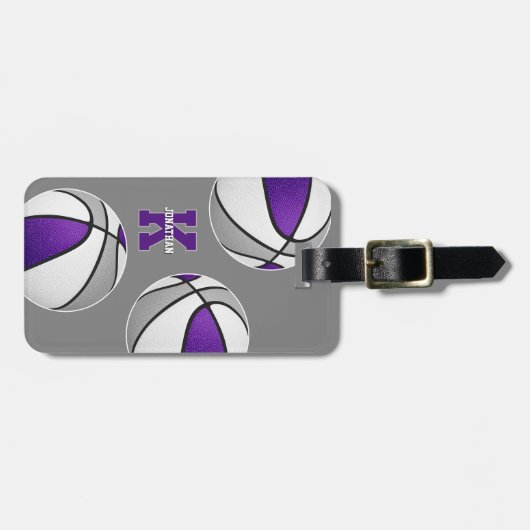 paarse Grijze Basketballen Atleten Monogrammed Bagagelabel (Voorkant horizontaal)