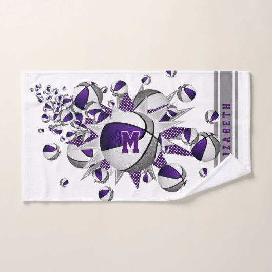 paarse grijze basketballen sterren meisjes monogra handdoek (Handdoek)