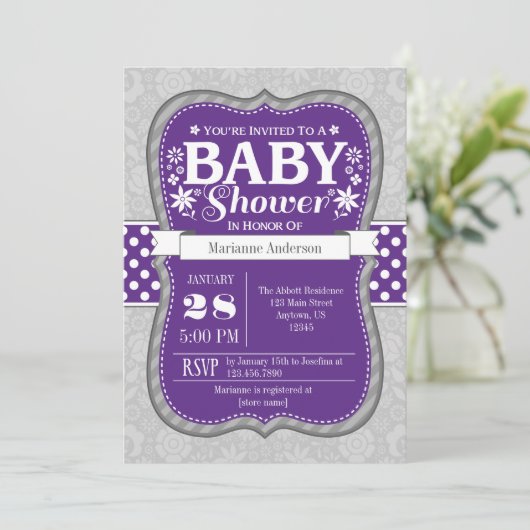 Paarse Grijze Bloemen Baby shower Uitnodiging (Staand voorkant)