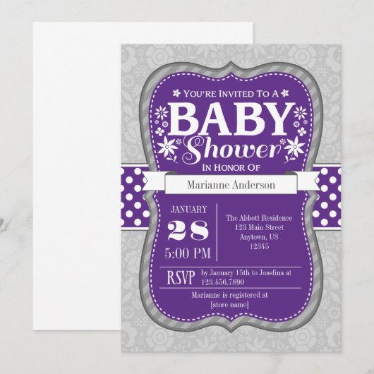 Paarse Grijze Bloemen Baby shower Uitnodiging (Voorkant / Achterkant)