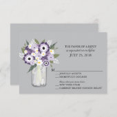 Paarse Grijze Bloemen Mason Jar | Bruiloft RSVP (Voorkant / Achterkant)