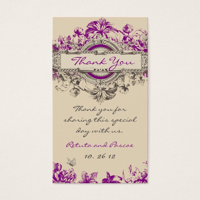 Paarse Grijze  Bloemenbruiloft Dank u Label Visitekaartjes (Voorkant)