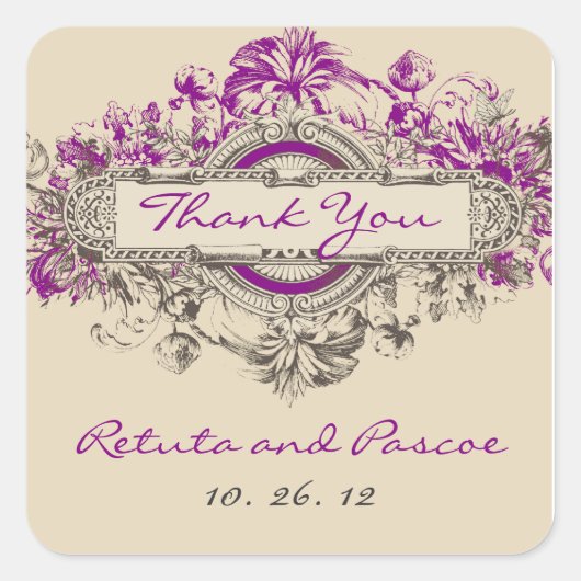 Paarse Grijze Bloemenbruiloft Dank u Vierkante Sticker (Voorkant)