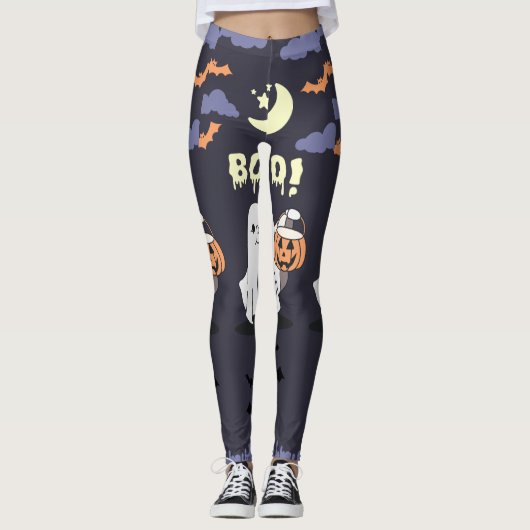 Paarse & Grijze "Boe!" Schattige Halloweenfeest Leggings (Voorkant)