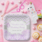 Paarse & Grijze Chevron Ballerina Verjaardag Papieren Bordje (Feest)