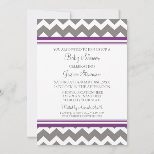Paarse grijze Chevron Custom Baby Shower Invitatie Kaart (Achterkant)