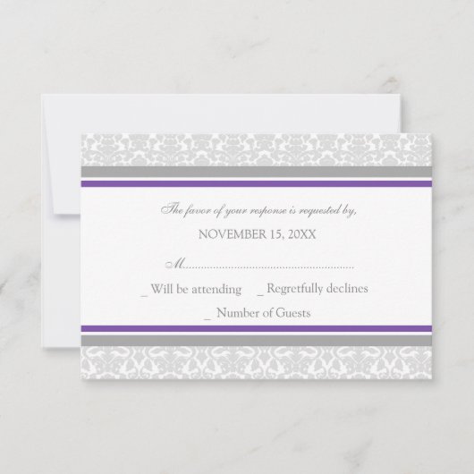 Paarse grijze Damask RSVP-bruiloft RSVP Kaartje (Voorkant)