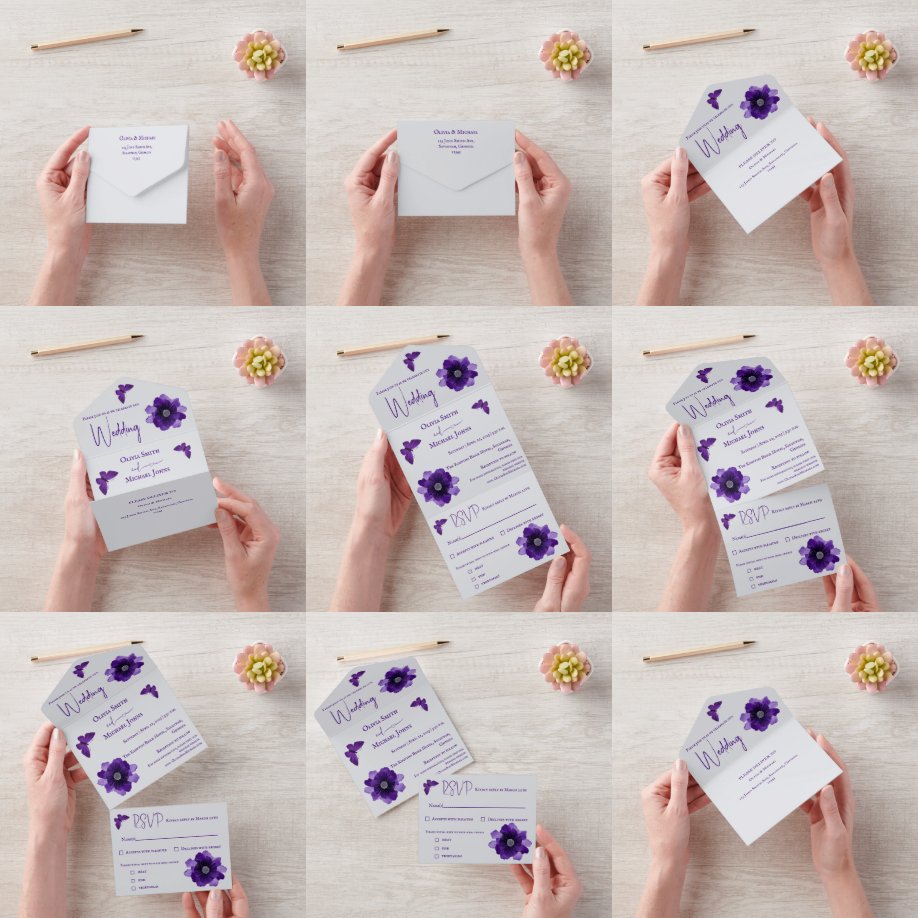 Paarse grijze Floral in één bruiloft All In One Uitnodiging