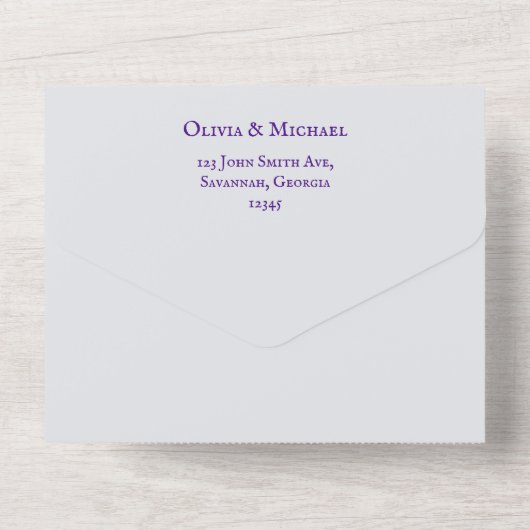 Paarse grijze Floral in één bruiloft All In One Uitnodiging (Achterkant)