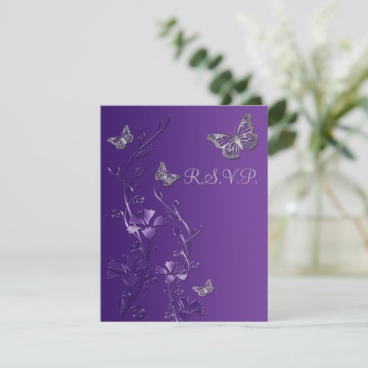 Paarse, grijze Floral met Butterflies RSVP-kaart 2 RSVP Kaartje (Staand voorkant)