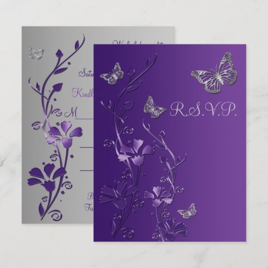 Paarse, grijze Floral met Butterflies RSVP-kaart 2 RSVP Kaartje (Voorkant / Achterkant)