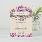Paarse grijze  Floral Wedding Uitnodiging (Staand voorkant)