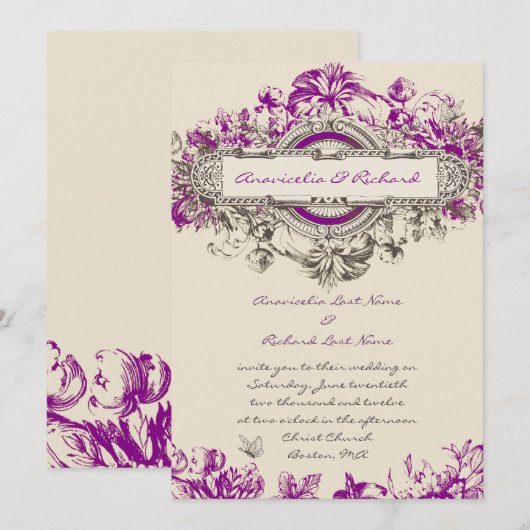 Paarse grijze  Floral Wedding Uitnodiging (Voorkant / Achterkant)