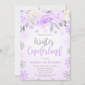 Paarse grijze Floral Winter ONEderland 1e verjaard Kaart (Voorkant)