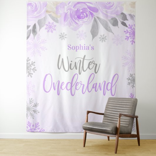 Paarse grijze Floral Winter ONEderland Achtergrond Wandkleed (In situ)