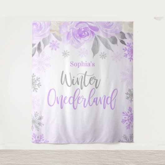 Paarse grijze Floral Winter ONEderland Achtergrond Wandkleed (Voorkant)