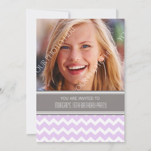 Paarse grijze foto 16e verjaardag kaart (Voorkant)