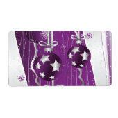 Paarse, grijze kerstballen en sneeuwvlokken etiket (Voorkant)