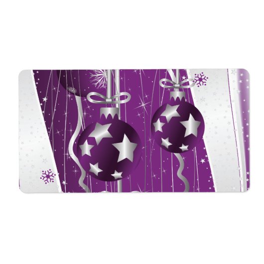 Paarse, grijze kerstballen en sneeuwvlokken etiket (Voorkant)
