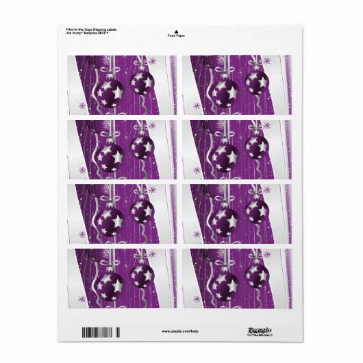 Paarse, grijze kerstballen en sneeuwvlokken etiket (Full Sheet)