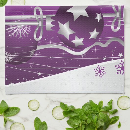 Paarse, grijze kerstballen en sneeuwvlokken theedoek (Gevouwen)