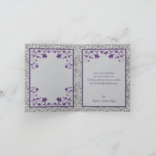 Paarse, grijze liefde harten bruiloft dank u kaart (Binnen)