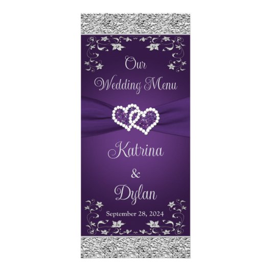 Paarse, grijze liefde harten bruiloft menu (Voorkant)
