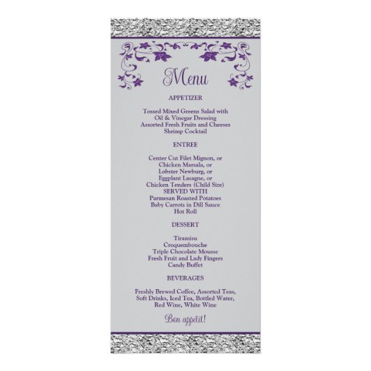 Paarse, grijze liefde harten bruiloft menu (Achterkant)