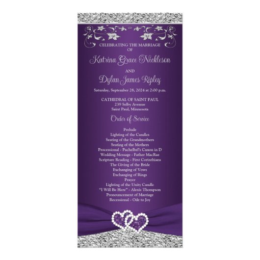 Paarse, grijze liefde harten bruiloft programma (Voorkant)