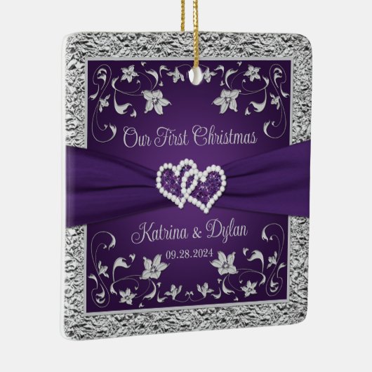 Paarse, Grijze Liefdesharten Bruiloft 1e Kerstmis Keramisch Ornament (Rechts)