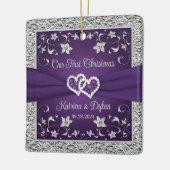 Paarse, Grijze Liefdesharten Bruiloft 1e Kerstmis Keramisch Ornament (Links)