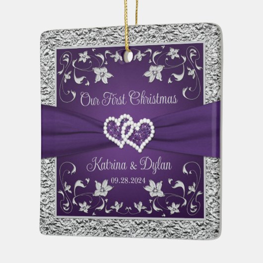 Paarse, Grijze Liefdesharten Bruiloft 1e Kerstmis Keramisch Ornament (Links)