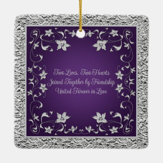 Paarse, Grijze Liefdesharten Bruiloft 1e Kerstmis Keramisch Ornament (Achterkant)