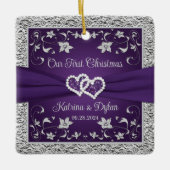 Paarse, Grijze Liefdesharten Bruiloft 1e Kerstmis Keramisch Ornament (Voorkant)